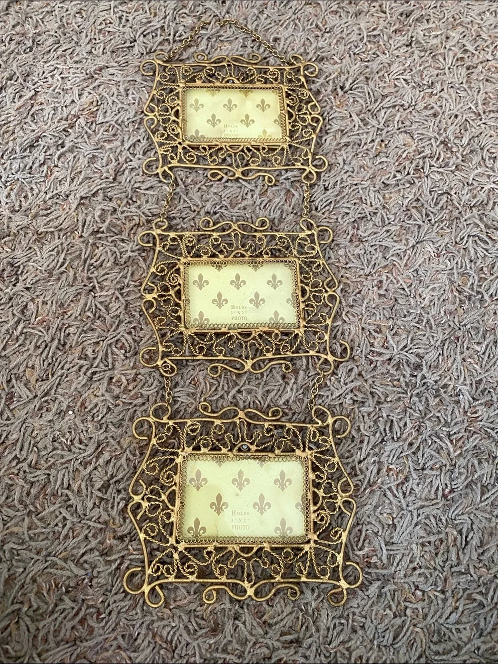 Gold Filigree Hanging Photo Frame Trio - Elegant Wall Accent VTG 3-3x2